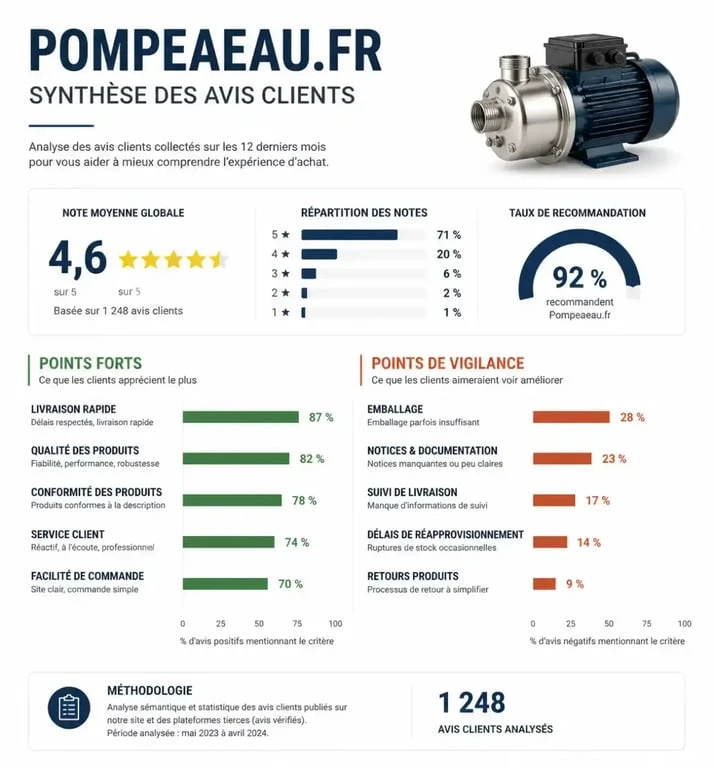 Infographie récapitulative des avis clients sur le site Pompeaeau.fr : points forts et points de vigilance pour une décision d'achat éclairée.