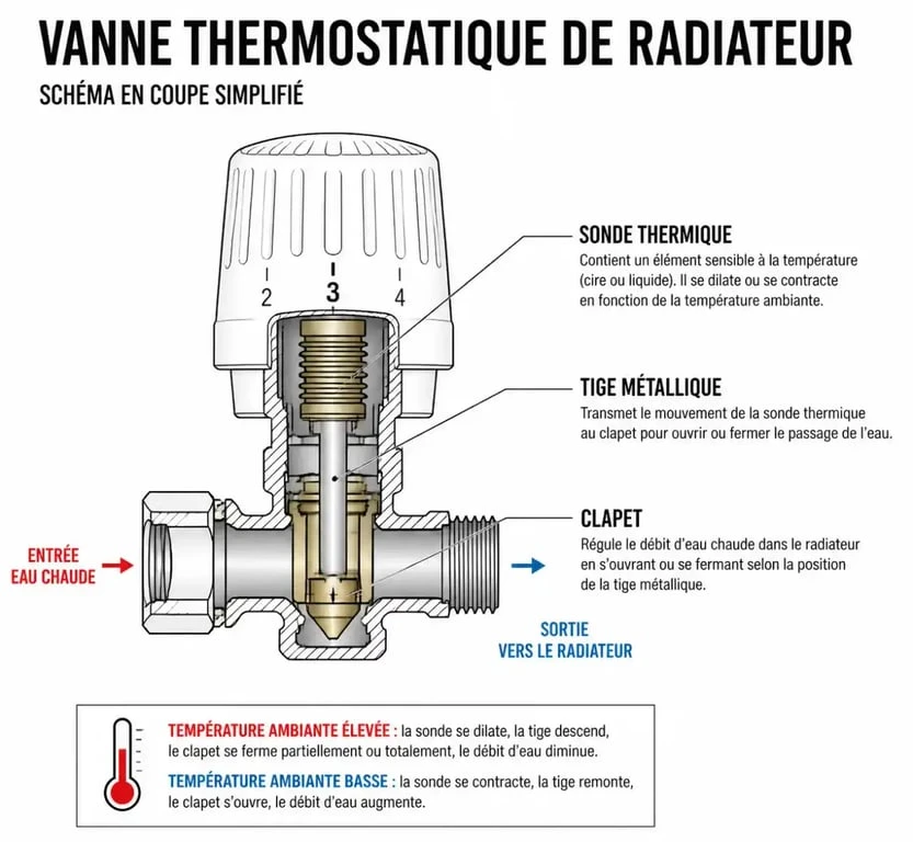 Schéma du fonctionnement d'une vanne thermostatique de radiateur