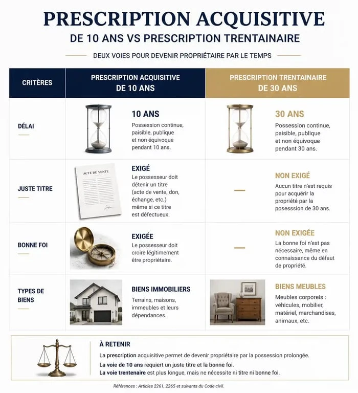 Tableau comparatif des différences entre la prescription acquisitive de 10 ans et la prescription trentenaire