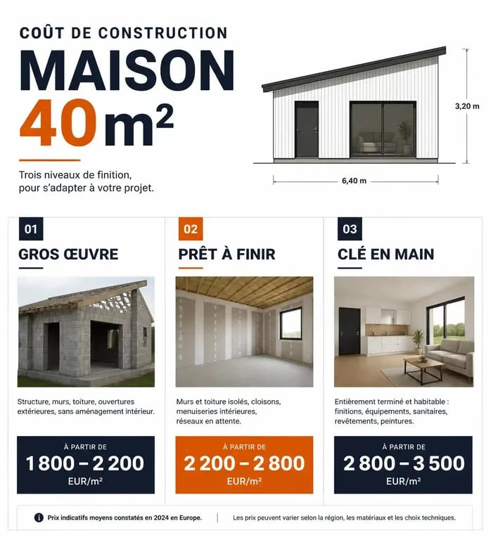 Infographie des prix moyens pour une surélévation de maison de 40m2 selon le niveau de finition