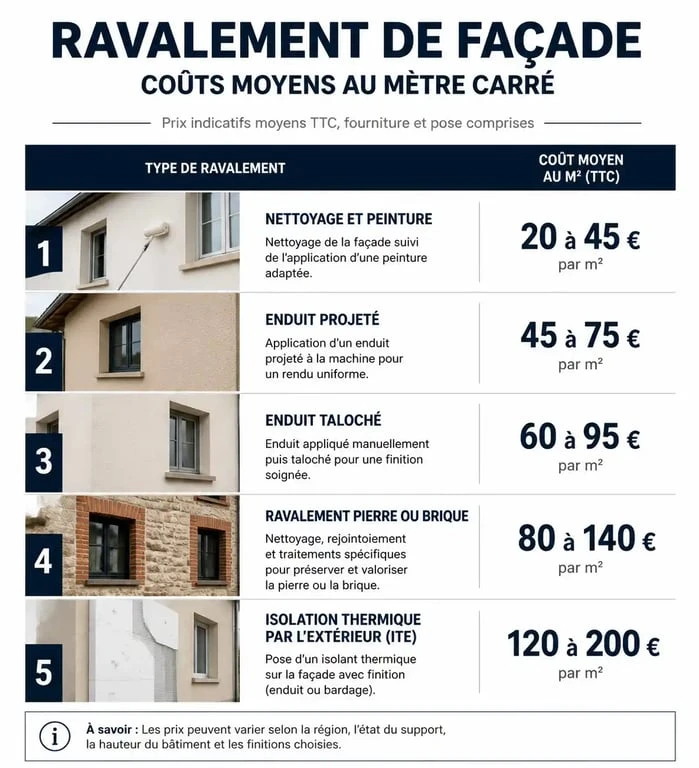 Infographie des prix moyens pour un ravalement de façade de maison de 100m2 selon le type de prestation