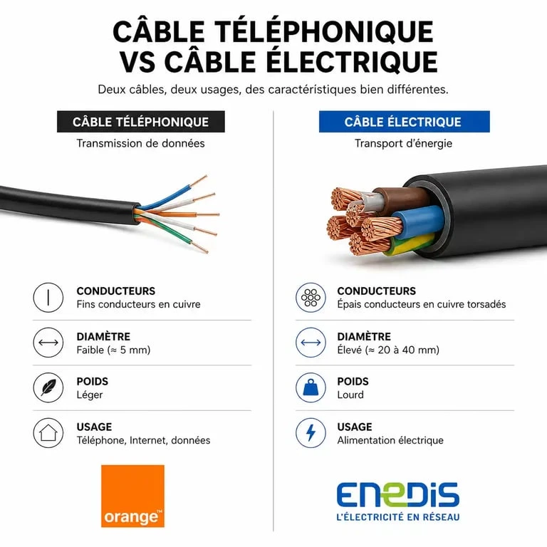 Infographie comparative pour différencier un câble téléphonique tombé d'un câble électrique dangereux