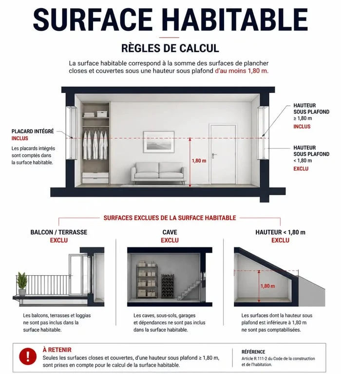 Infographie explicative des règles de calcul de la surface habitable et des placards