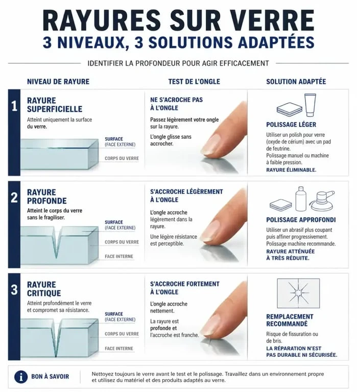 Infographie explicative pour enlever une rayure profonde sur du verre : diagnostic et méthodes de réparation