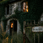 Maison abandonnée en pierre façade lierre coucher de soleil