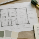 vue flat-lay plan appartement t4 et outils