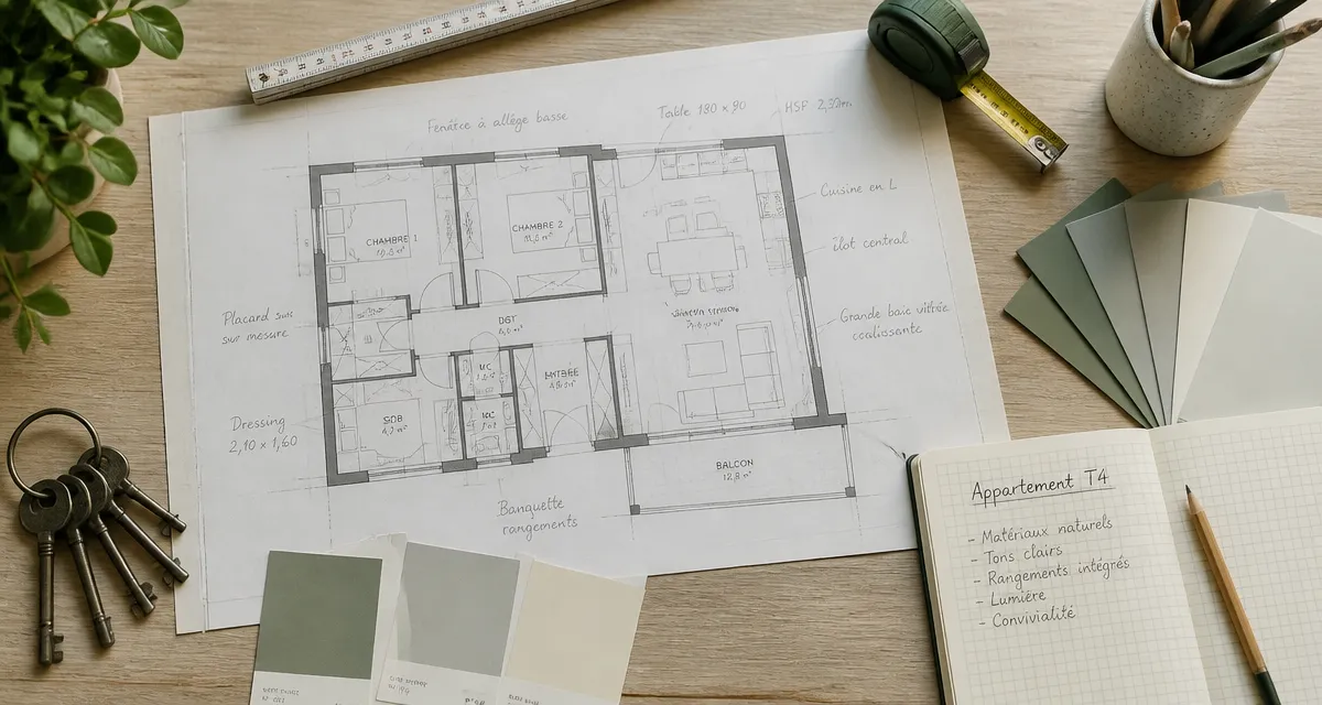 vue flat-lay plan appartement t4 et outils