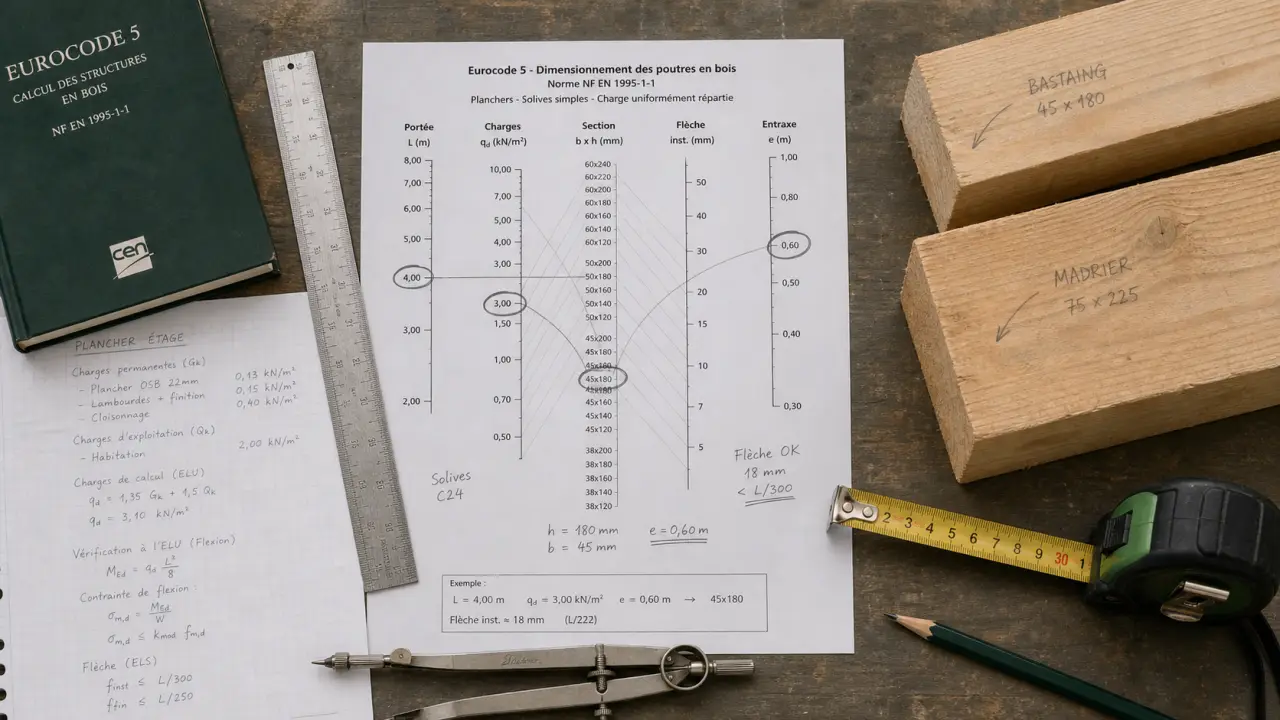 Abaque de solivage, mètre et sections de bois pour vérifier portée et entraxe