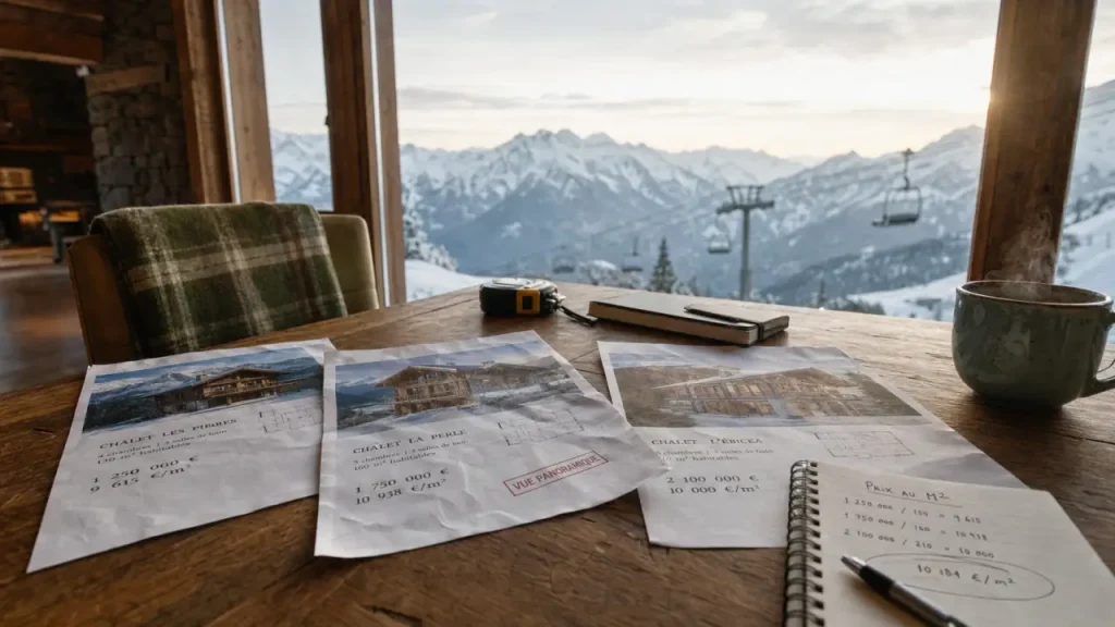 Achat chalet montagne : prix au m² et vue sur sommets enneigés