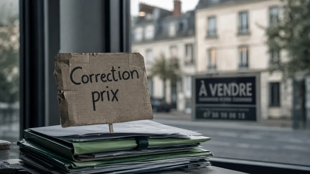 Chute immobilier : pancarte correction prix sur dossiers immobiliers
