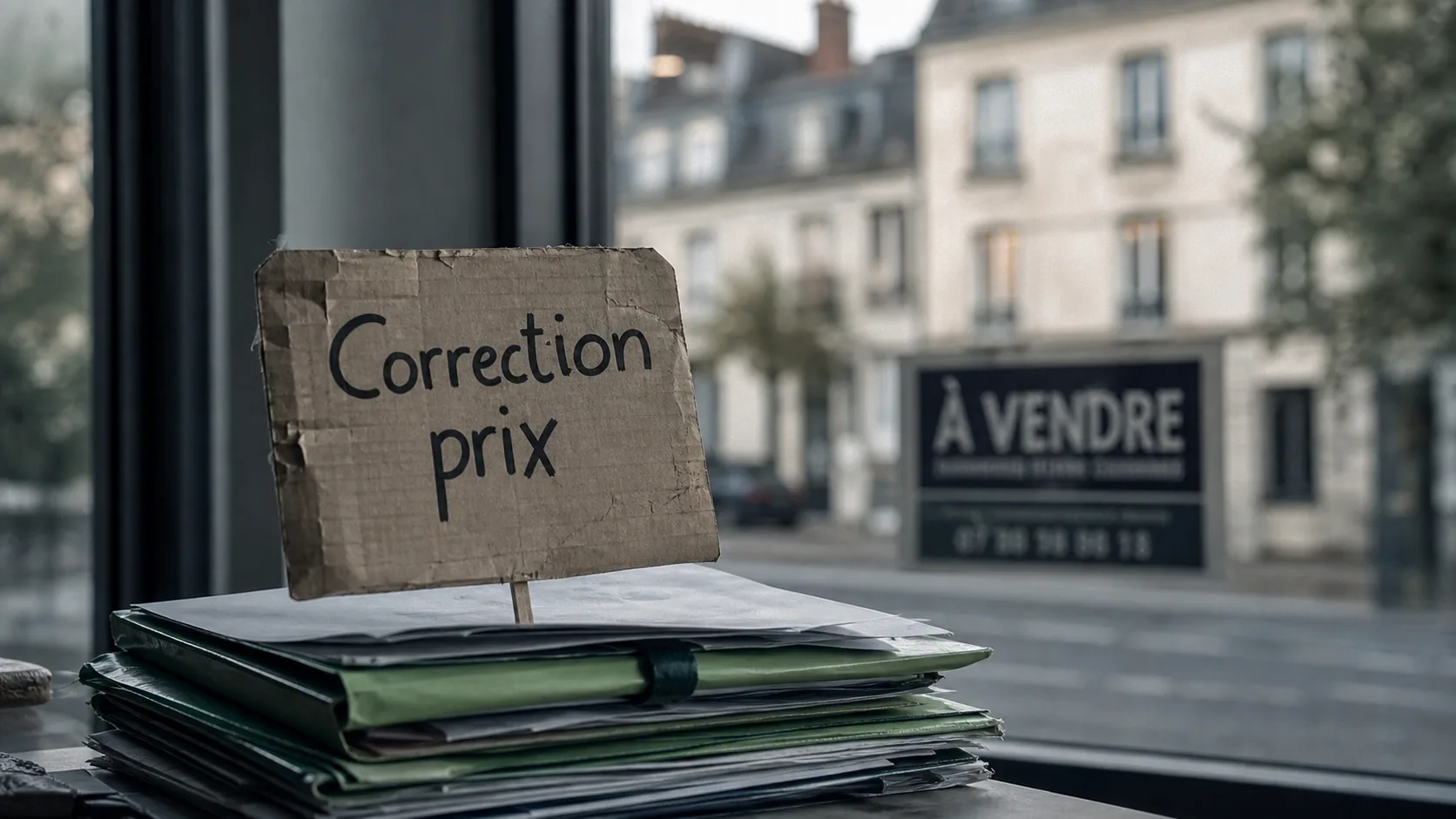 Chute immobilier : pancarte correction prix sur dossiers immobiliers