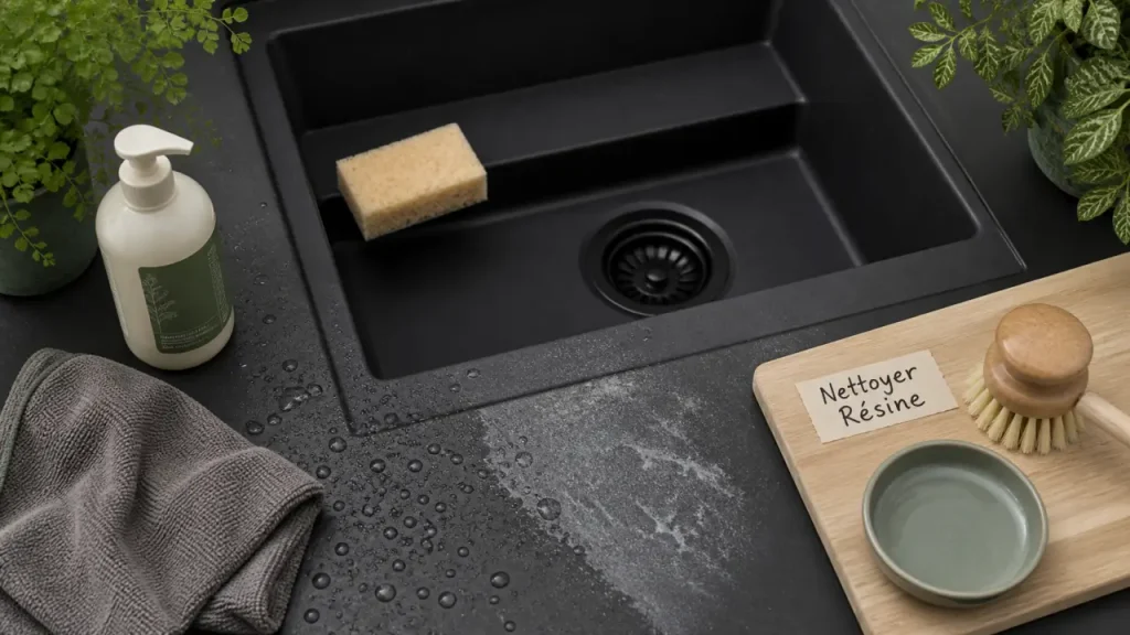 comment nettoyer un evier en resine noire : eau tiède et bicarbonate