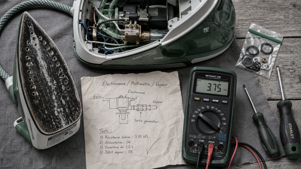 Diagnostic panne centrale vapeur : électrovanne et test multimètre