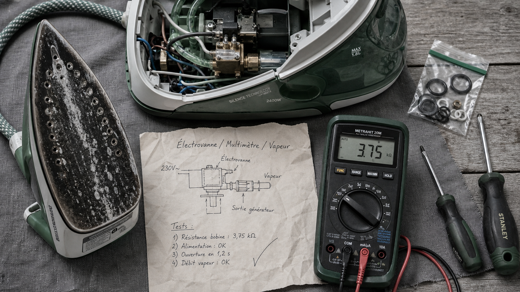 Diagnostic panne centrale vapeur : électrovanne et test multimètre