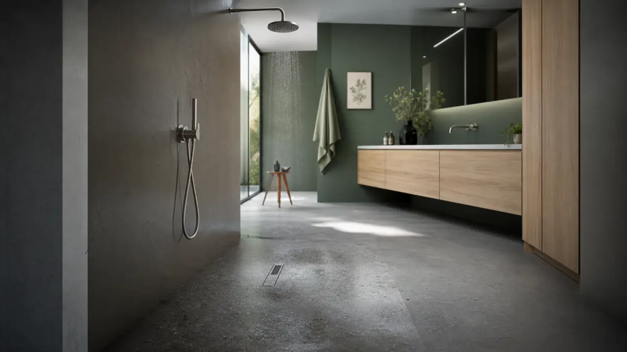 Douche sans paroi, salle de bains moderne, espace et lumière