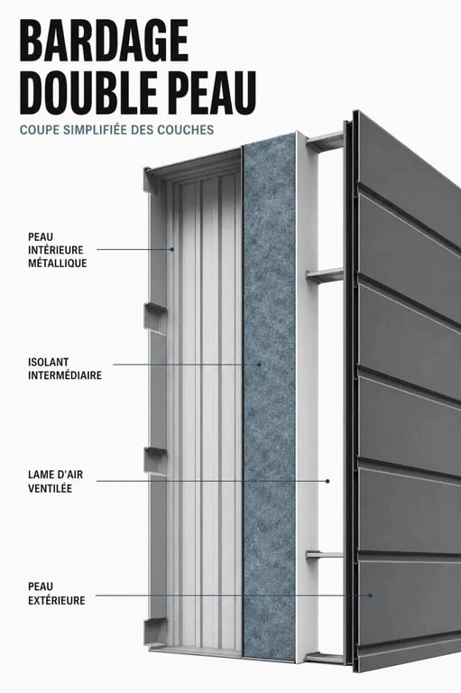 Schéma de bardage double peau montrant les différentes couches du système
