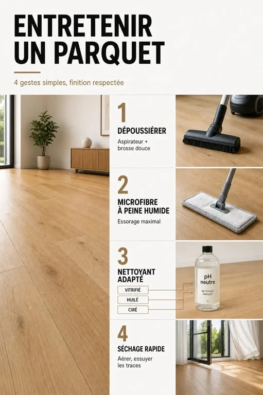 Nettoyage des parquets avec dépoussiérage, microfibre et produits adaptés aux finitions