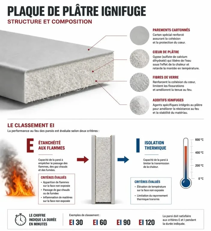 Schéma technique expliquant le classement EI et la composition d'une plaque anti-feu pour vos travaux de rénovation