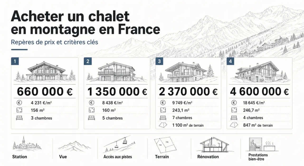 Infographie sur l'achat chalet montagne avec prix, surface, chambres et terrain