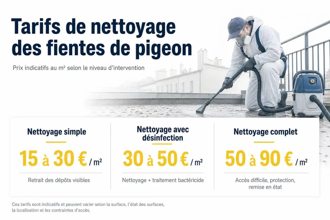 Tarif nettoyage fiente de pigeon : paliers de prix par m² et niveaux d’intervention