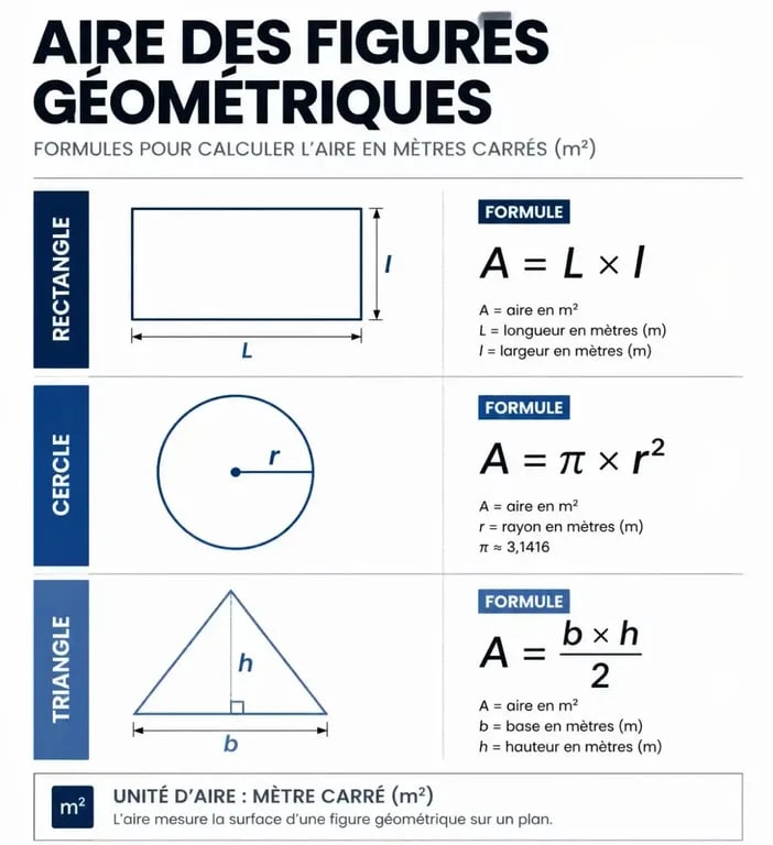 Schéma des formules géométriques pour calculer une surface en m²