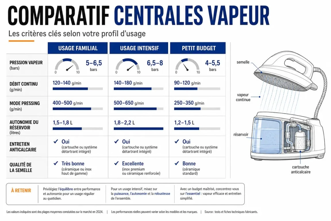 Meilleure centrale vapeur : comparaison visuelle des critères clés pour choisir le bon modèle