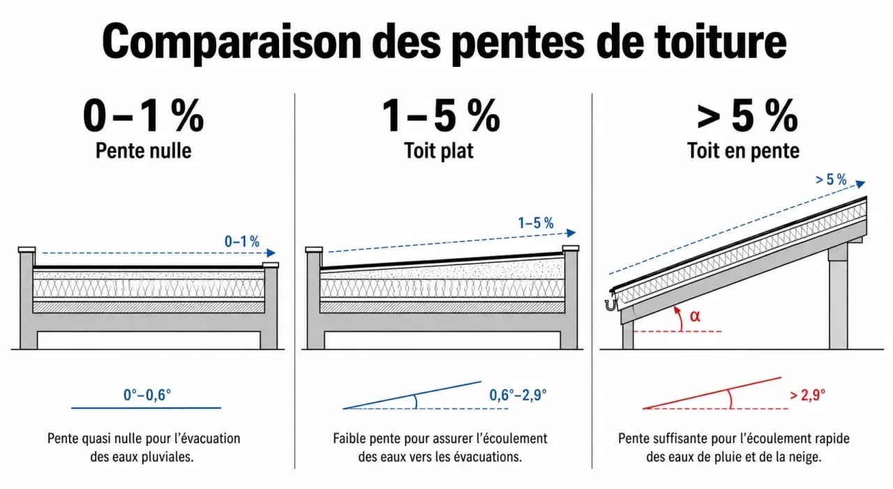 Schéma comparatif des pentes de toiture : toiture nulle, toiture-terrasse et toiture inclinée pour terrasse sur toiture inclinée.