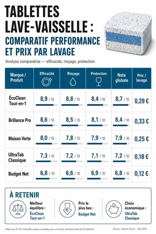 Infographie comparative des meilleures tablettes lave-vaisselle : prix par lavage et notes de performance.