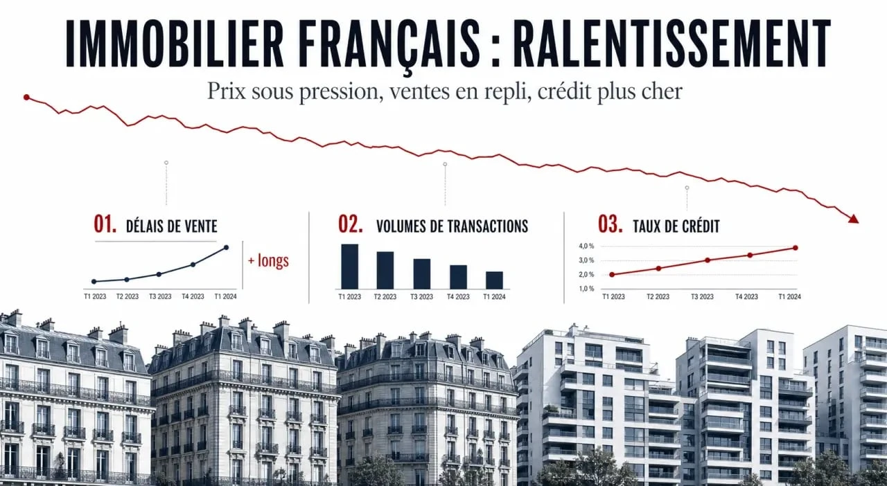 Chute immobilier : marché résidentiel français en baisse avec courbe descendante et indicateurs de crédit