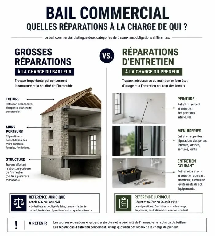 Infographie comparative des grosses réparations et réparations d'entretien selon l'article 606 du Code civil