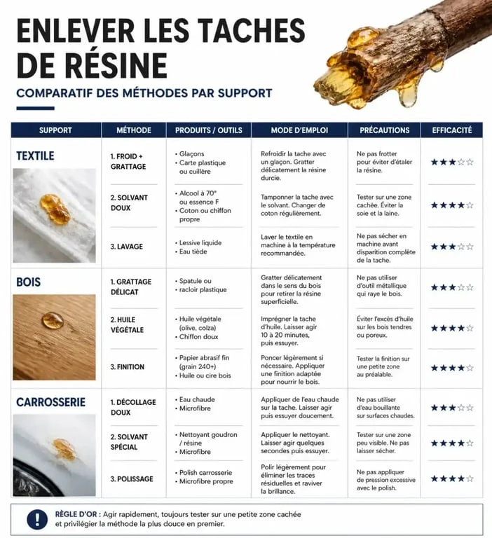 Tableau comparatif des méthodes pour enlever des taches de résine sur différents supports