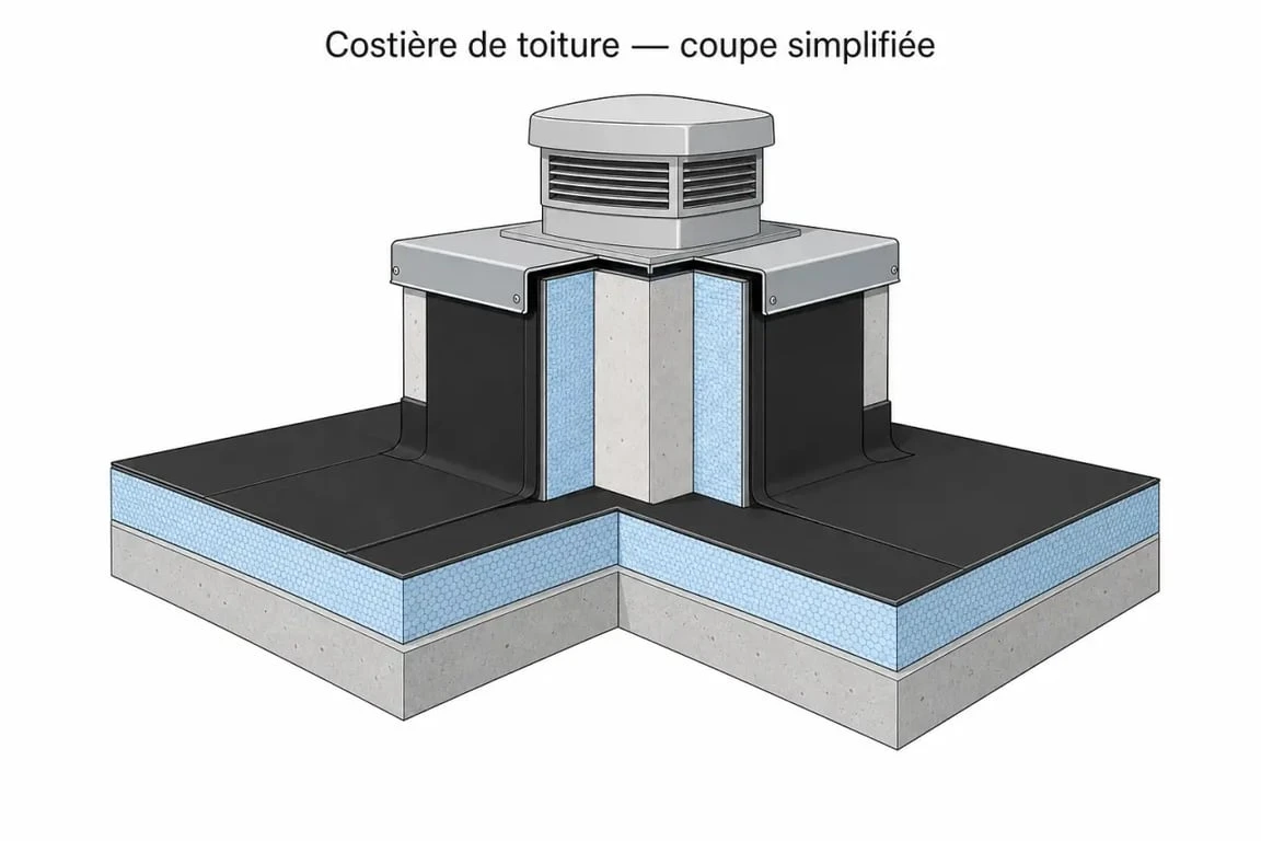 Costière toiture en coupe simplifiée montrant l’étanchéité et l’isolation périphérique