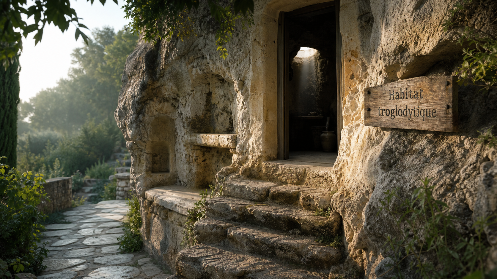 habitat troglodytique : entrée taillée dans la roche