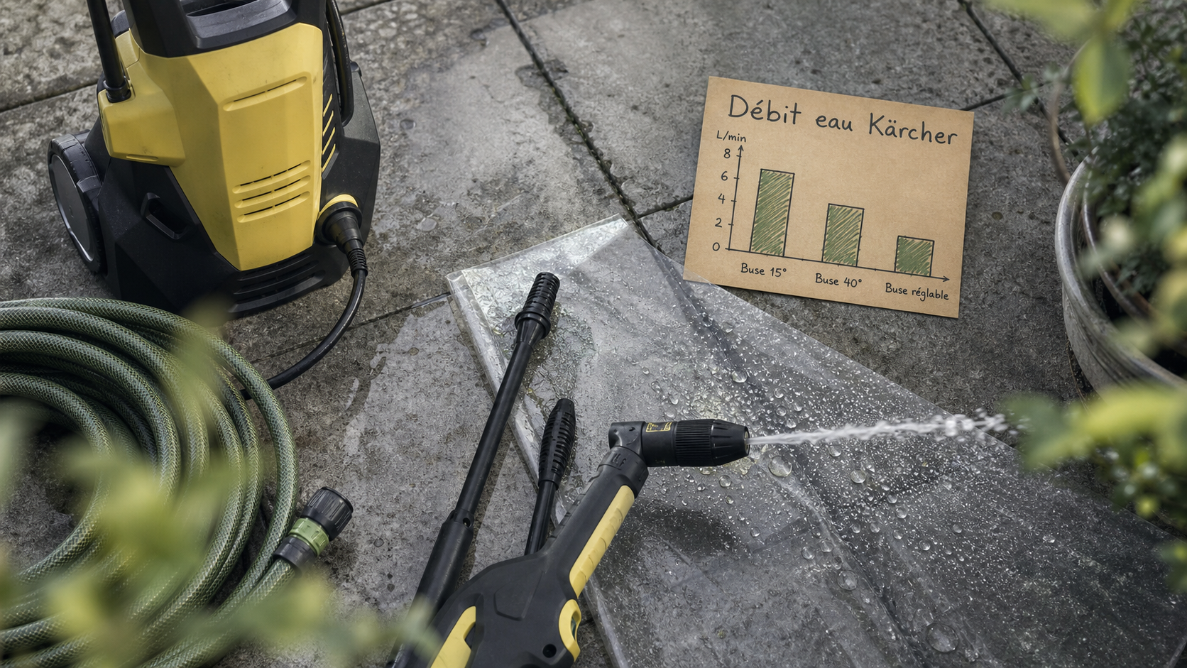 Kärcher consommation eau 420 L/h K4 vs tuyau d’arrosage