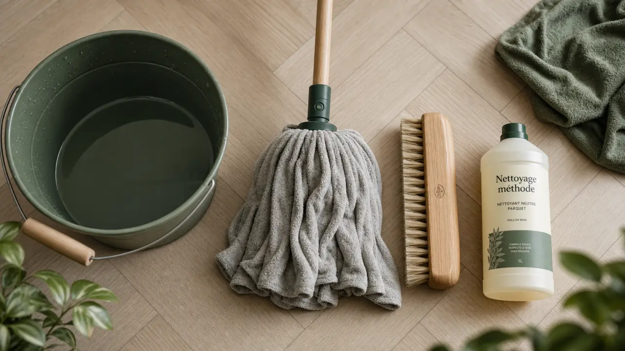 Nettoyage des parquets : balai microfibre et nettoyant neutre sur chêne clair