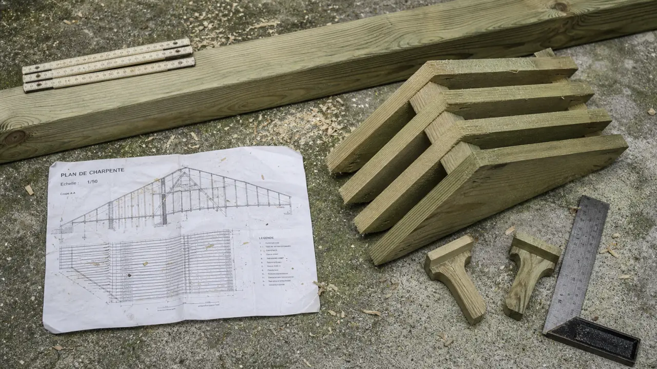 Panne charpente sur table de chantier : comprendre faîtière, sablière et ventrière