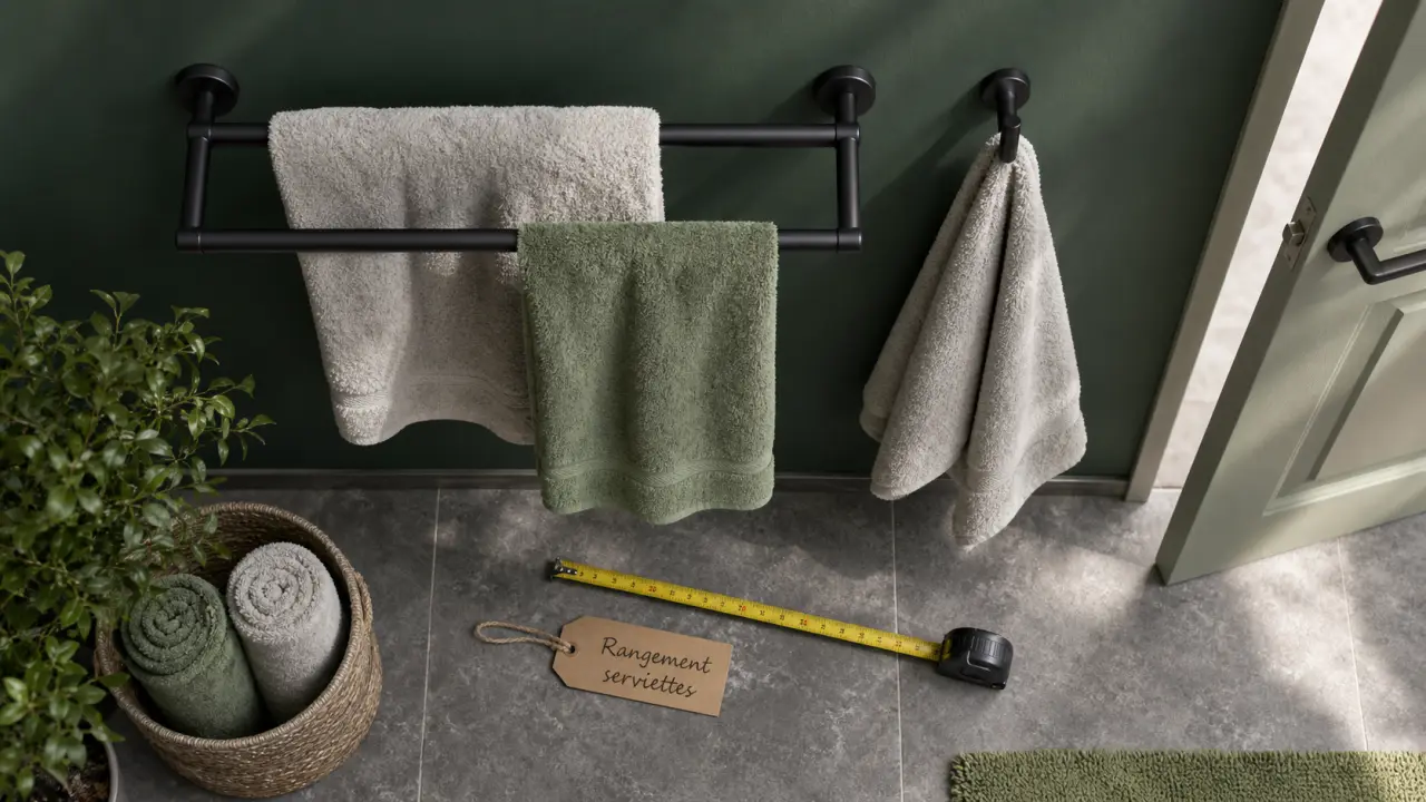 Rangement serviette mural noir mat, serviettes en salle de bain