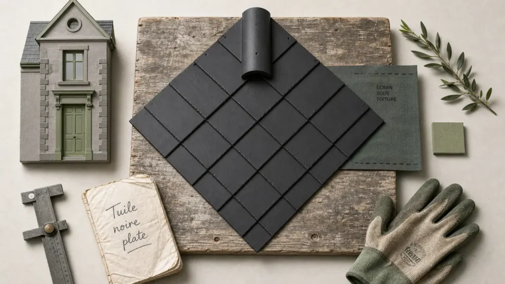 Tuile noire plate : échantillon toiture en terre cuite, béton ou ardoise