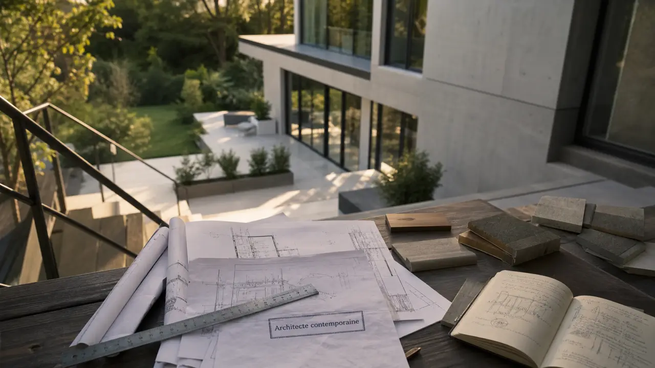 Architecte maison contemporaine Lyon : plans et chantier, lumière naturelle et façade grise