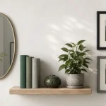 Décorer mur blanc : cadres et étagère sur fond blanc