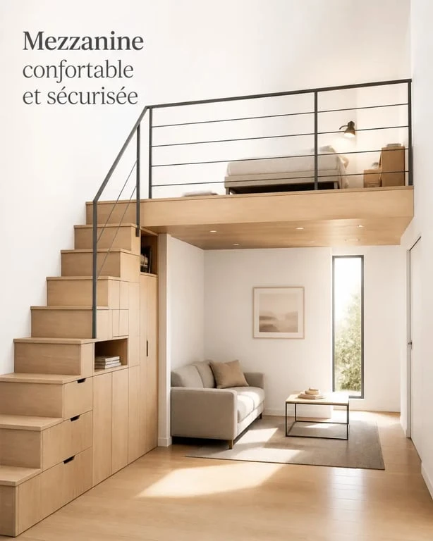 Mezzanine pour studio avec escalier compact, garde-corps et rangements intégrés