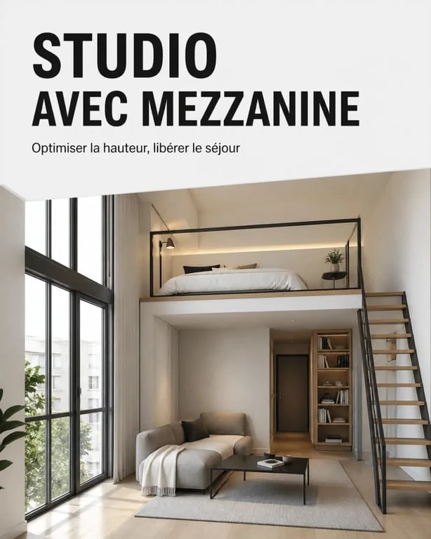 Mezzanine pour studio dans un petit intérieur contemporain avec lit en hauteur et espace salon libéré