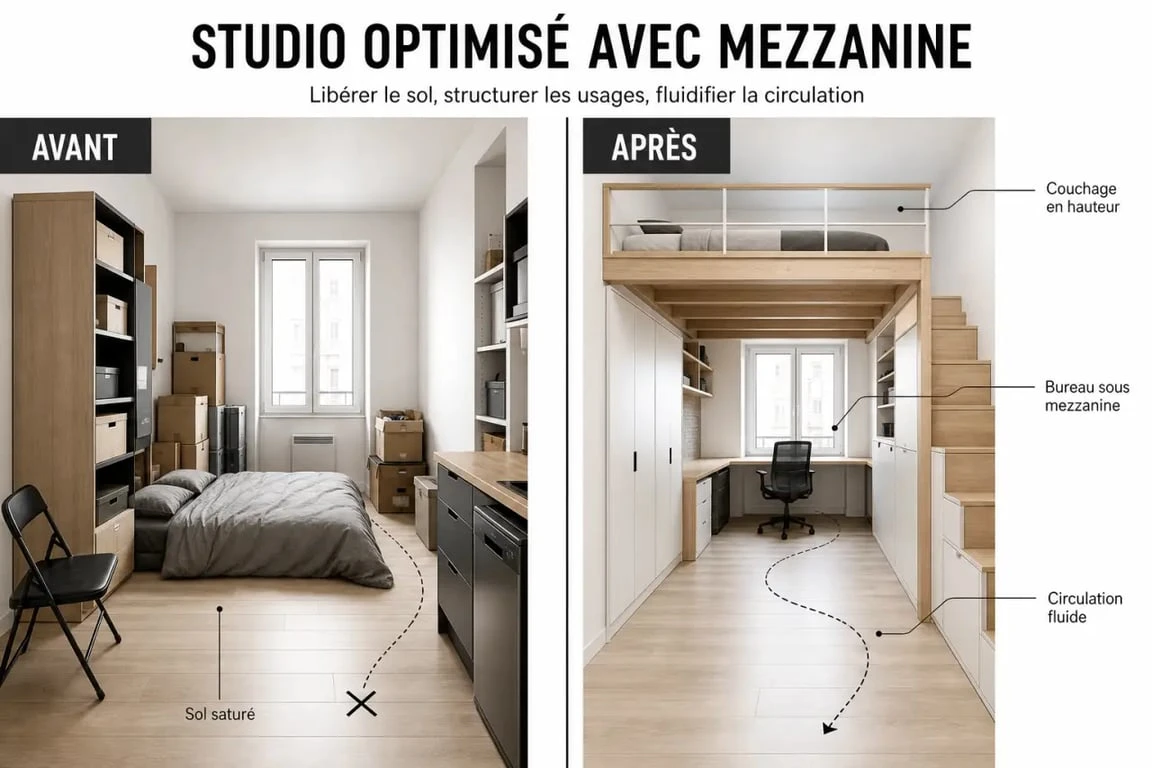 Mezzanine pour studio en avant/après montrant le gain de place et l’espace bureau sous la mezzanine