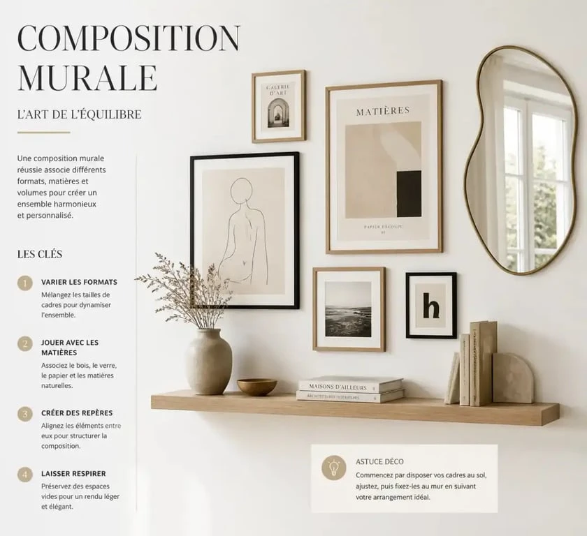 Idée pour décorer un mur blanc avec une galerie de cadres et des étagères