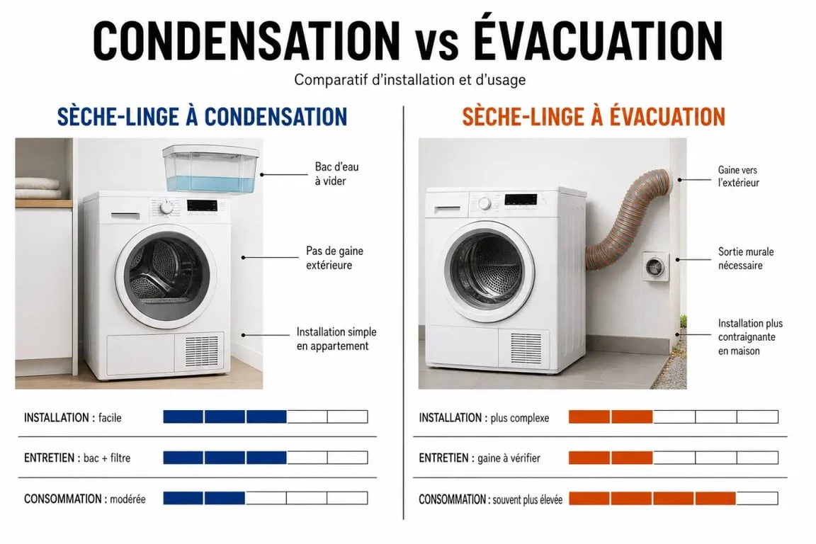 Sèche linge condensation ou évacuation différence en comparatif visuel