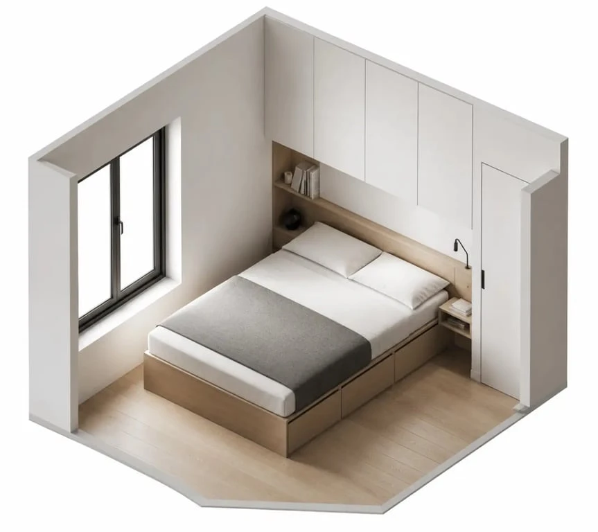 Lit pour petit chambre dans une petite chambre optimisée avec rangement intégré et circulation dégagée