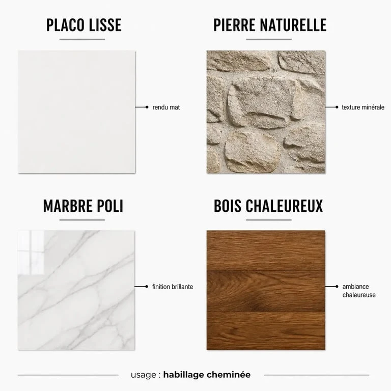 Matériaux pour habillage ancienne cheminée : placo, pierre, marbre et bois