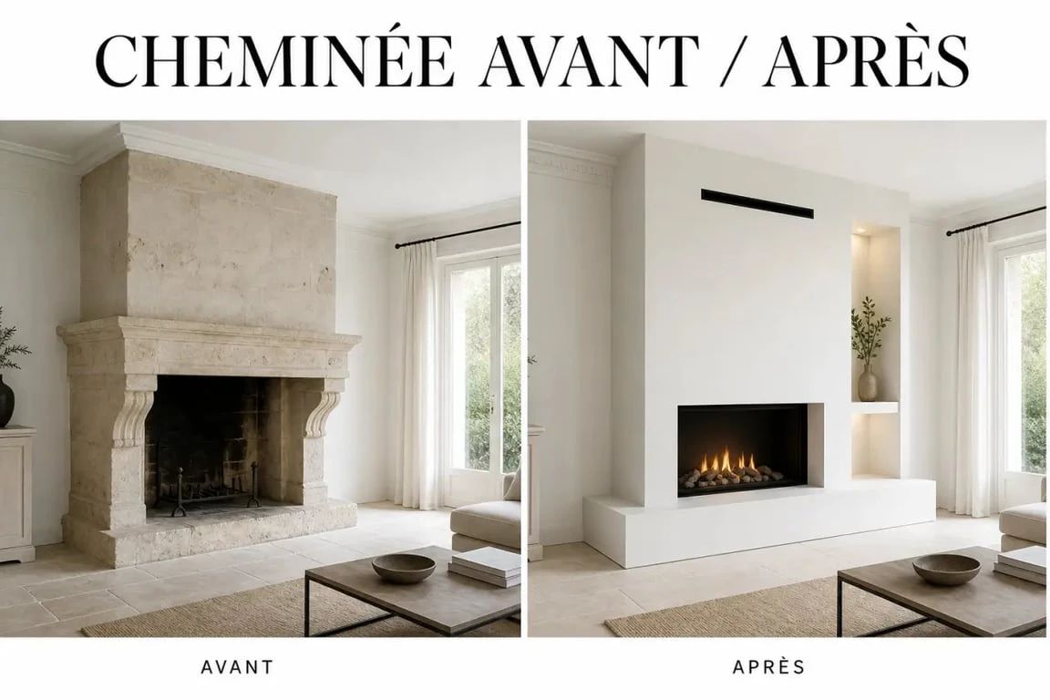 Habillage ancienne cheminée avant et après dans un salon moderne