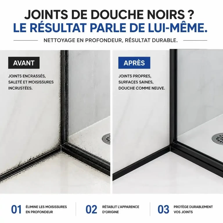 Comparaison visuelle avant après nettoyage de joints de douche noircis
