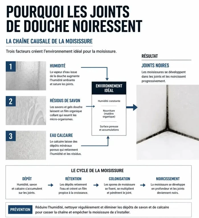 Schéma explicatif des causes de noircissement des joints de douche